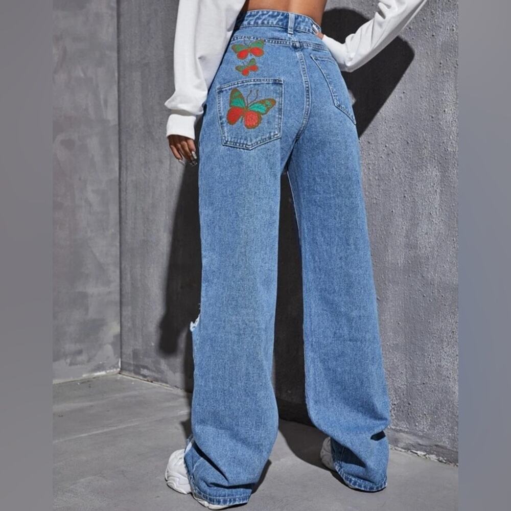 SHEIN | Light Wash Ripped Wide Leg High Rise Butterfly Print Jeans |‎ Pants